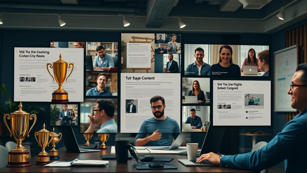 Strategic content types: blog posts, video content, case studies in an authority-building montage
