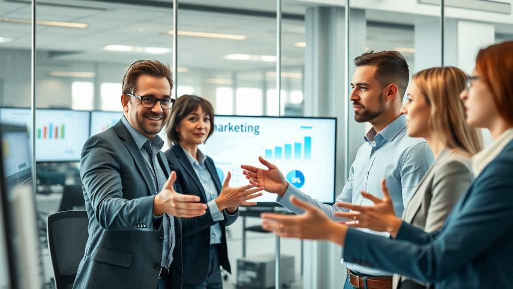 Strategic content marketing team collaborating in a modern office environment