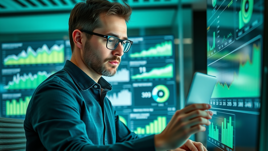 Marketer reviewing KPI graphs and growth metrics for an effective content marketing strategy